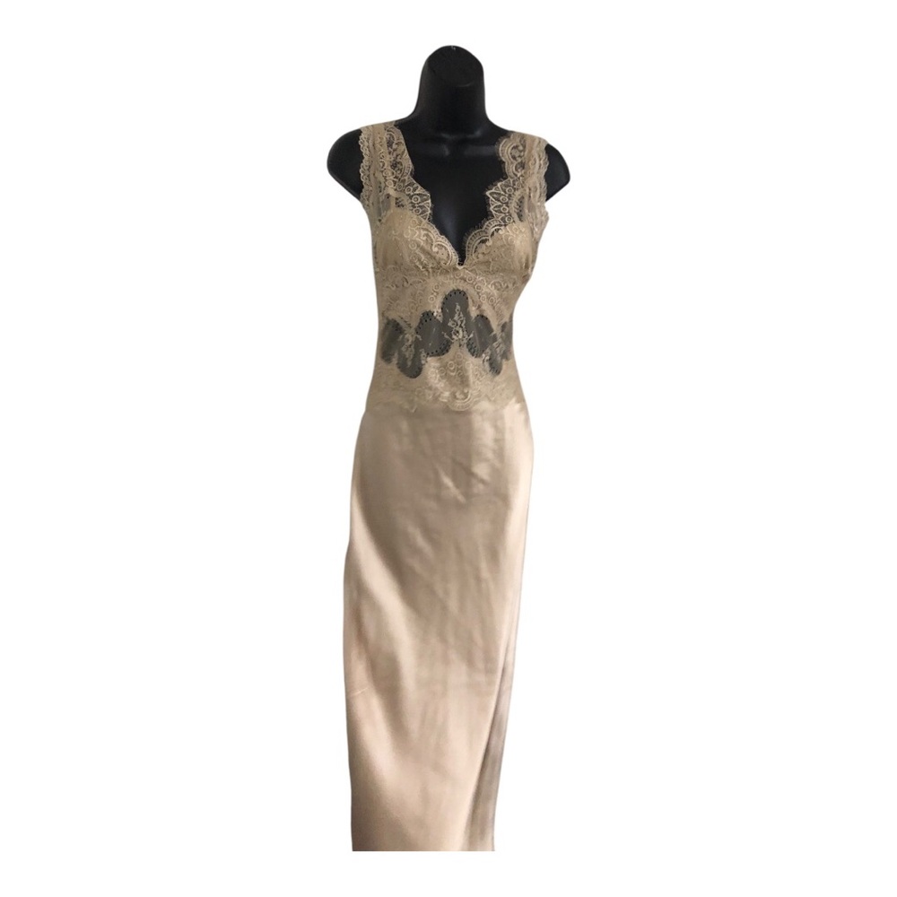 Sincerely jules champagne lace bodice plunge front satin effect dress size Large - Picture 11 of 17